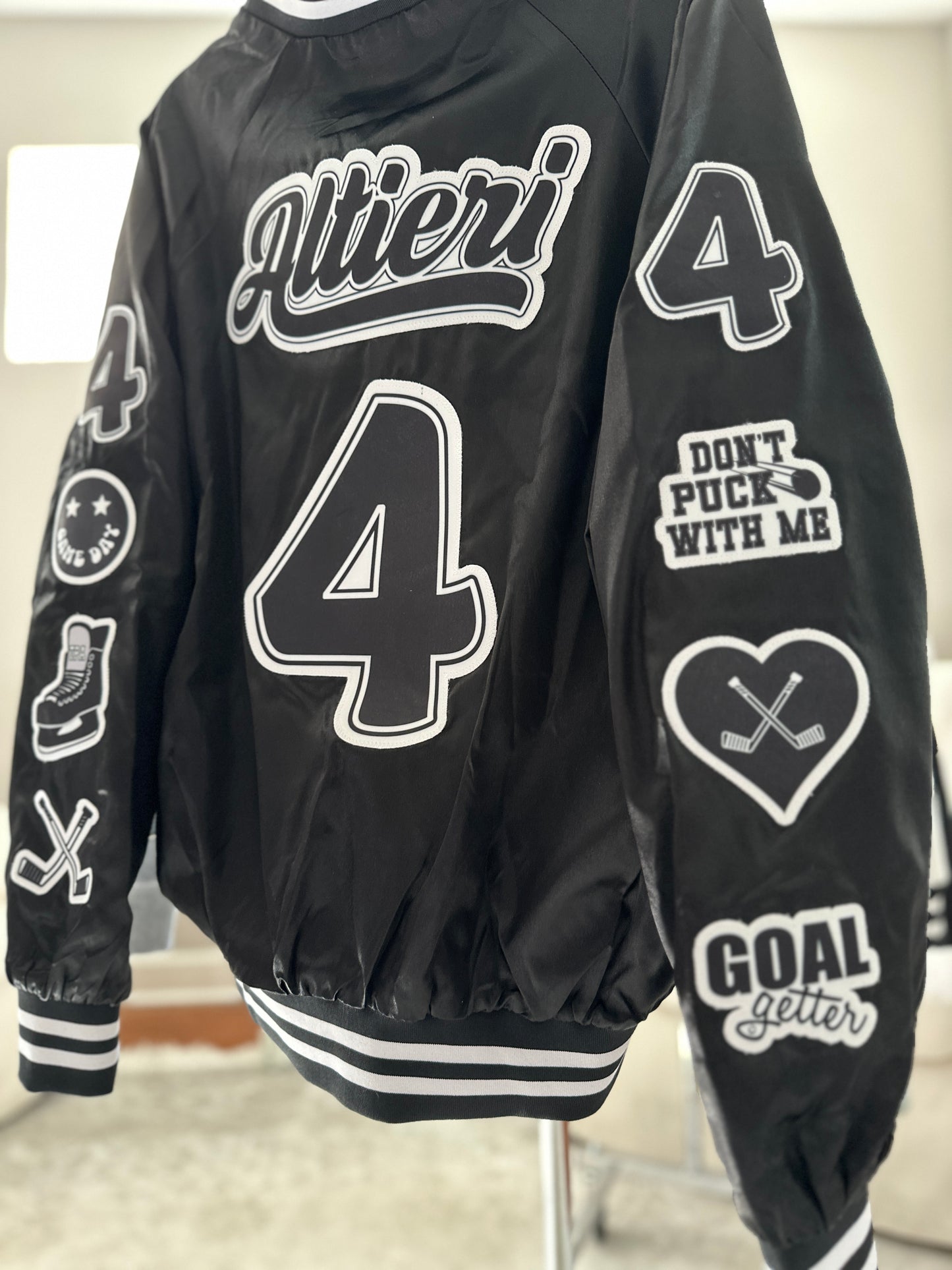 CUSTOM SPORTS NAME & NUMBER SATIN BOMBER / STRIPED TRIM JACKET - SEWN