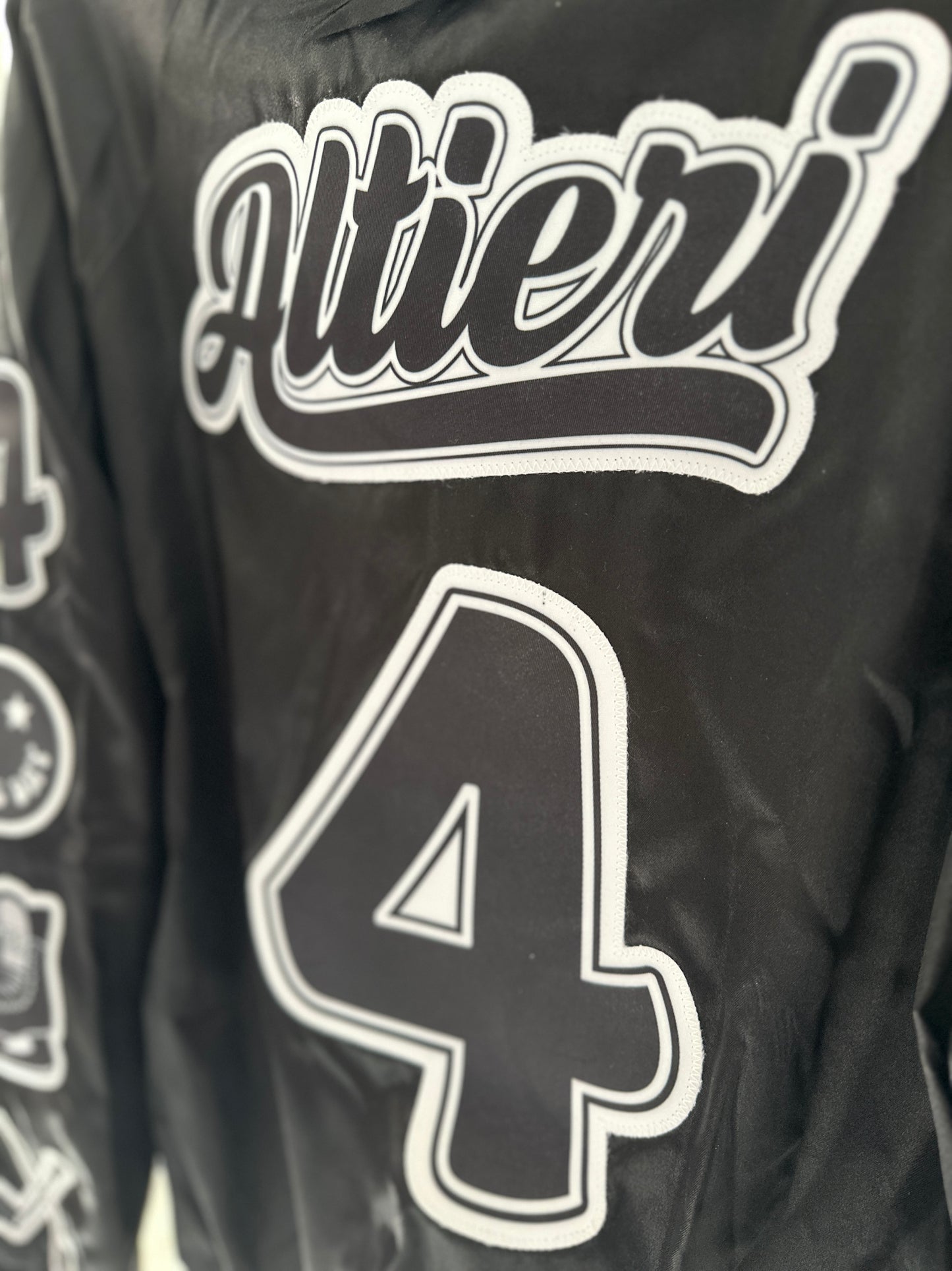 CUSTOM SPORTS NAME & NUMBER SATIN BOMBER / STRIPED TRIM JACKET - SEWN