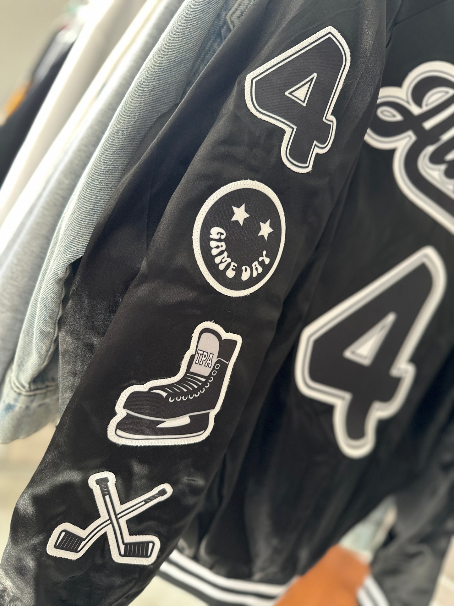 CUSTOM SPORTS NAME & NUMBER SATIN BOMBER / STRIPED TRIM JACKET - SEWN