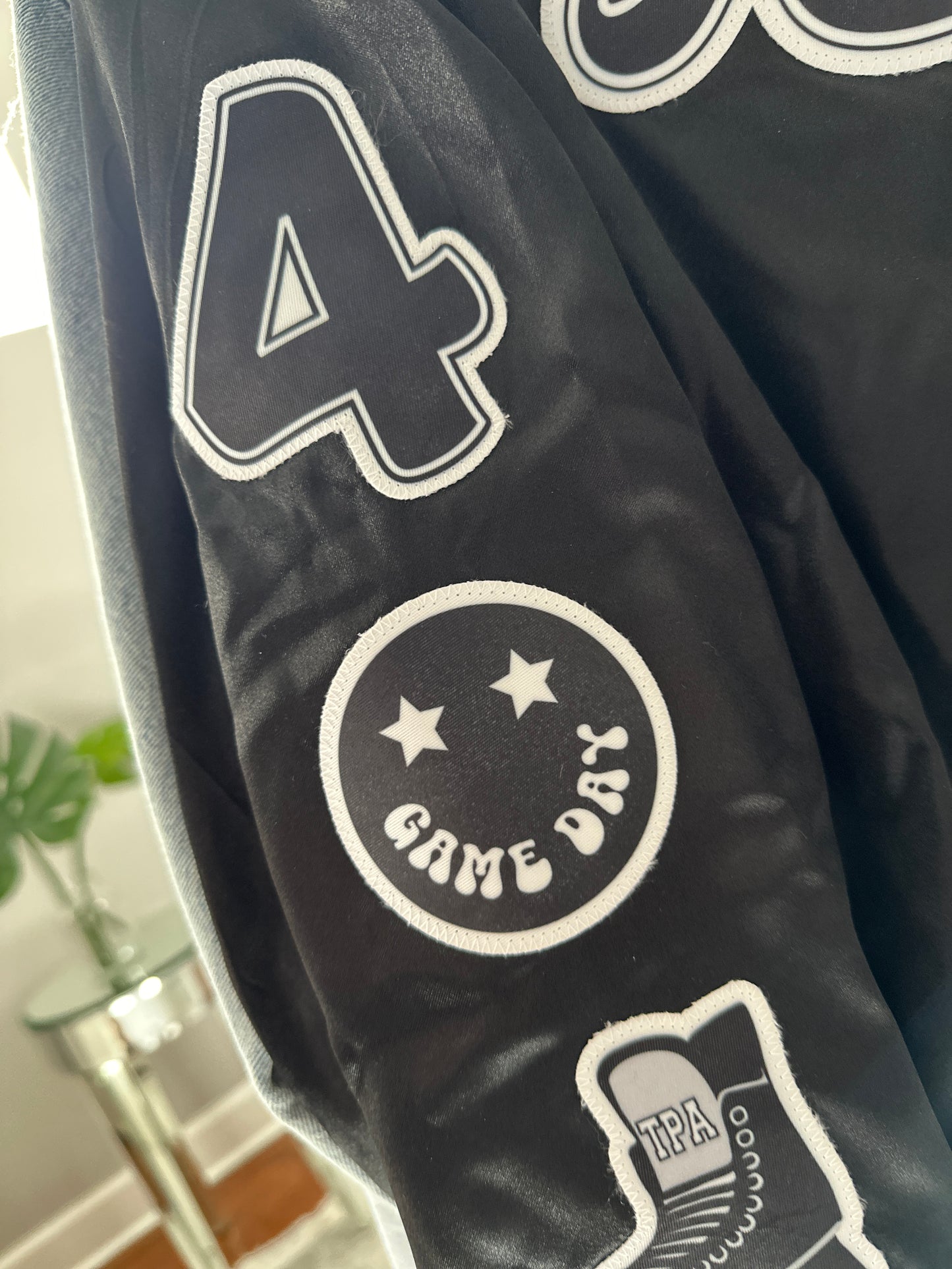 CUSTOM SPORTS NAME & NUMBER SATIN BOMBER / STRIPED TRIM JACKET - SEWN