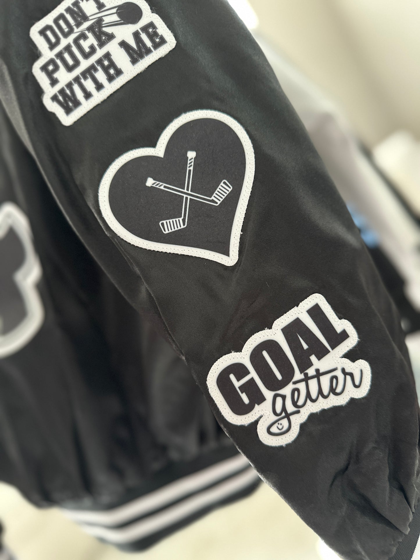 CUSTOM SPORTS NAME & NUMBER SATIN BOMBER / STRIPED TRIM JACKET - SEWN