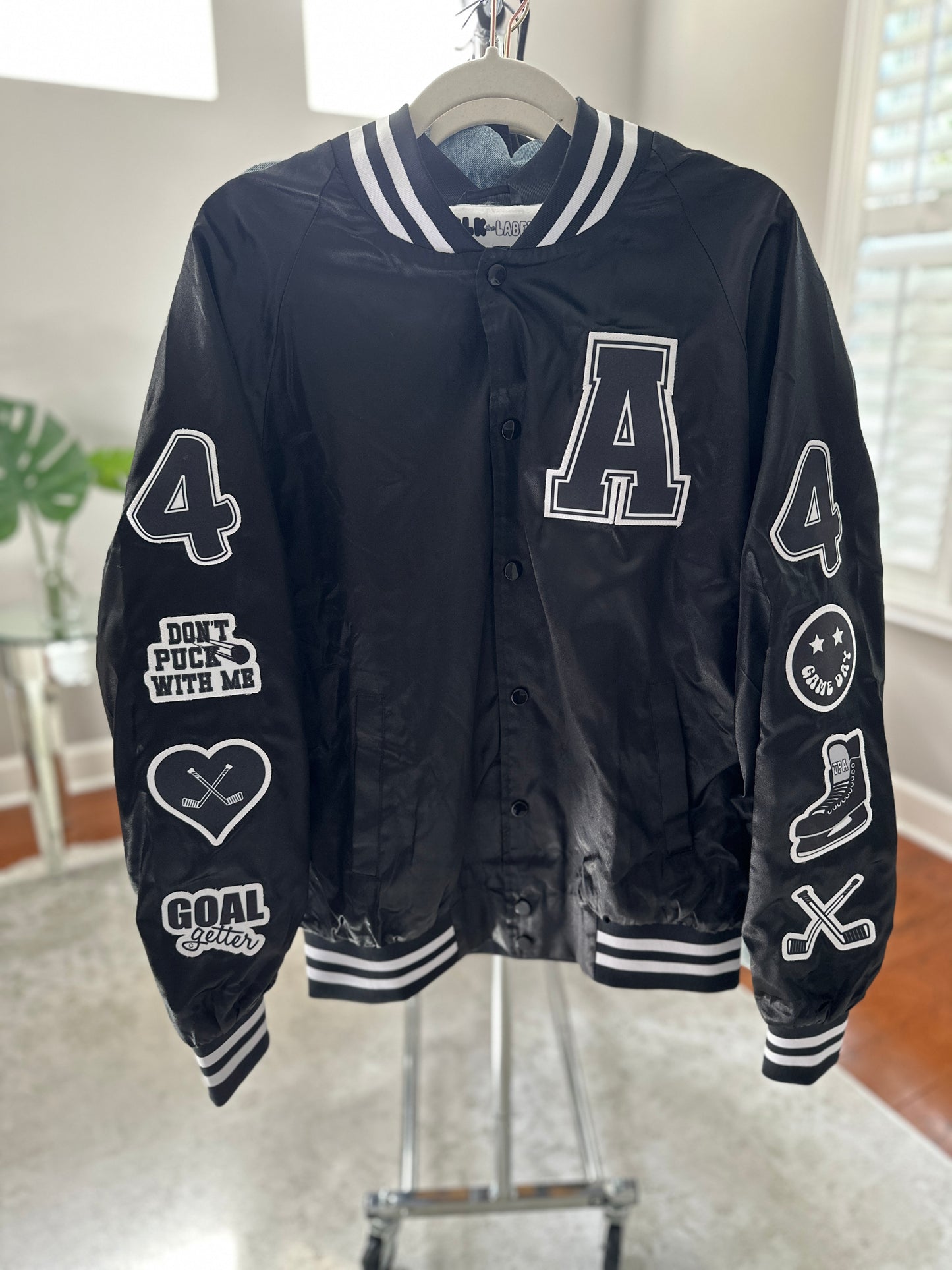 CUSTOM SPORTS NAME & NUMBER SATIN BOMBER / STRIPED TRIM JACKET - SEWN