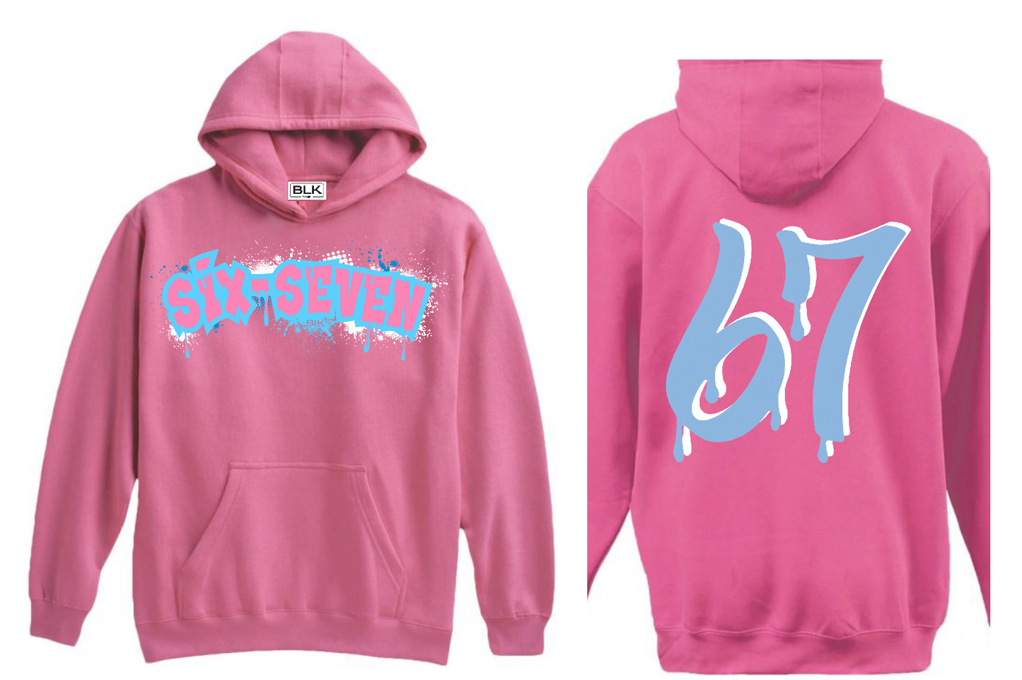 BLK the Label SIX-SEVEN Drip Hoodie in Vibrant Blue with Pink Graffiti Logo for Trendy 67 Comfort