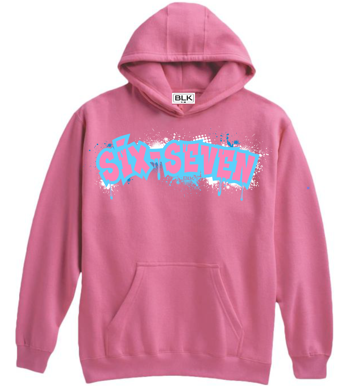 BLK the Label SIX-SEVEN Drip Hoodie in Vibrant Blue with Pink Graffiti Logo for Trendy 67 Comfort