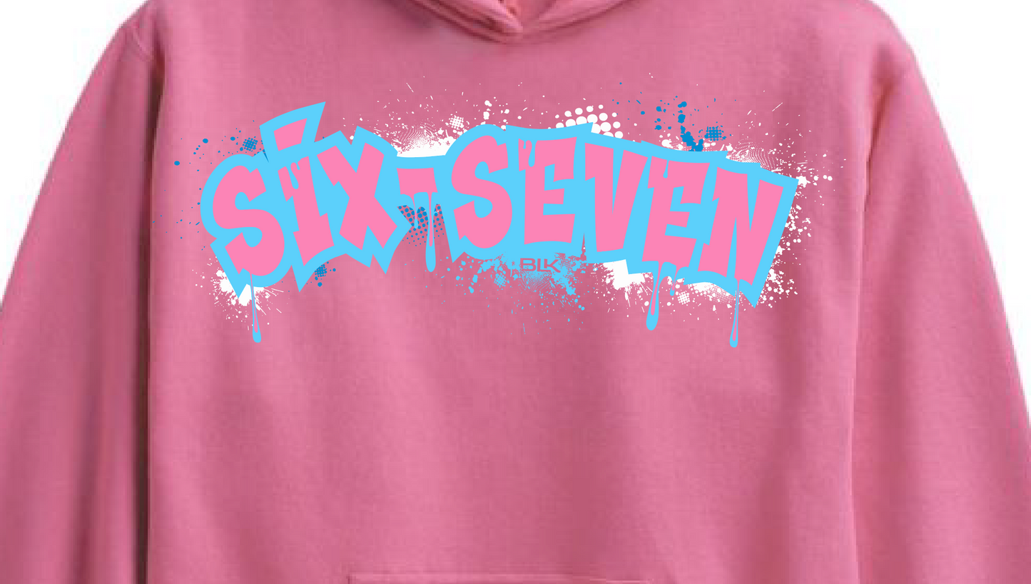 BLK the Label SIX-SEVEN Drip Hoodie in Vibrant Blue with Pink Graffiti Logo for Trendy 67 Comfort
