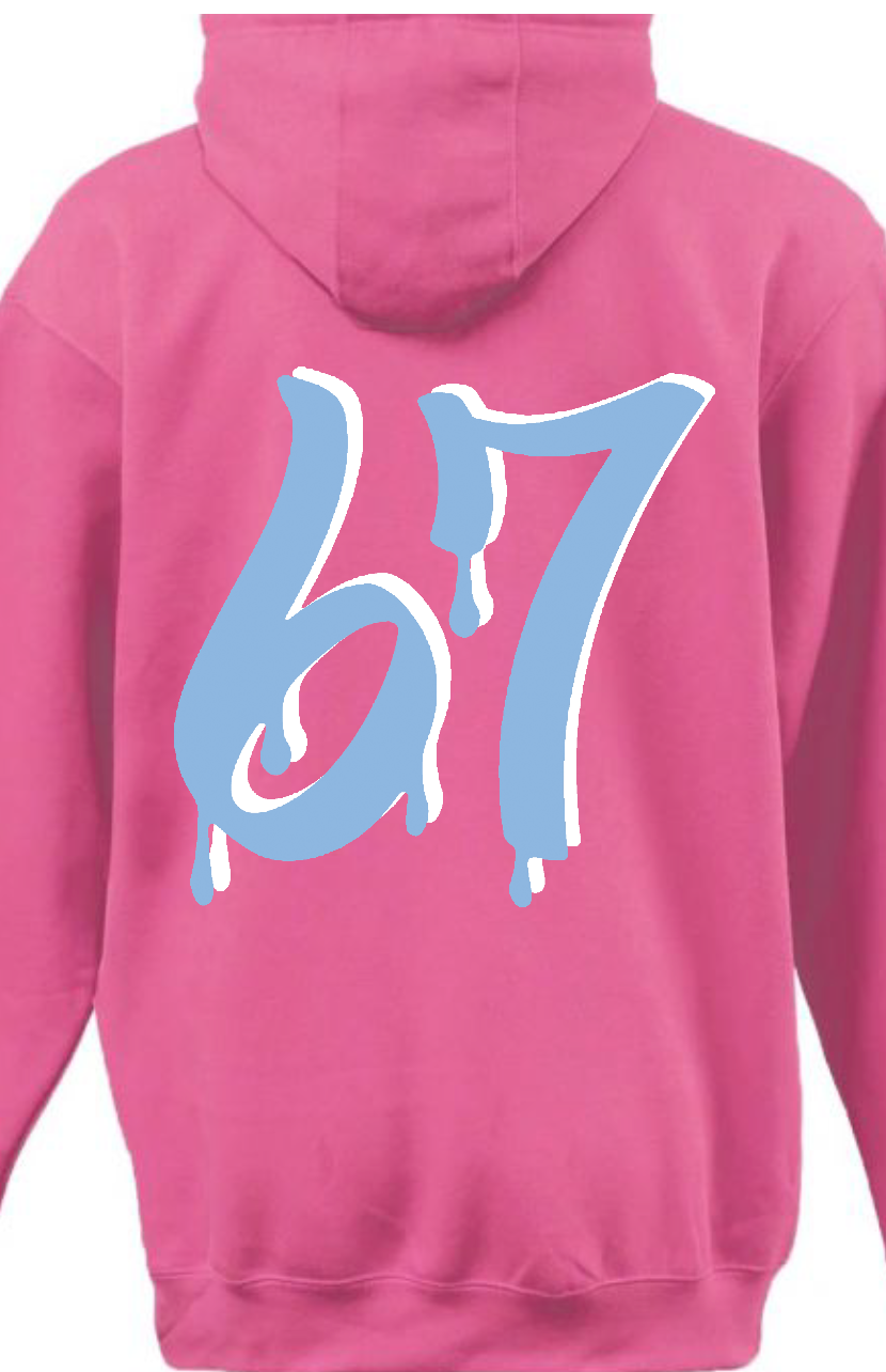 BLK the Label SIX-SEVEN Drip Hoodie in Vibrant Blue with Pink Graffiti Logo for Trendy 67 Comfort