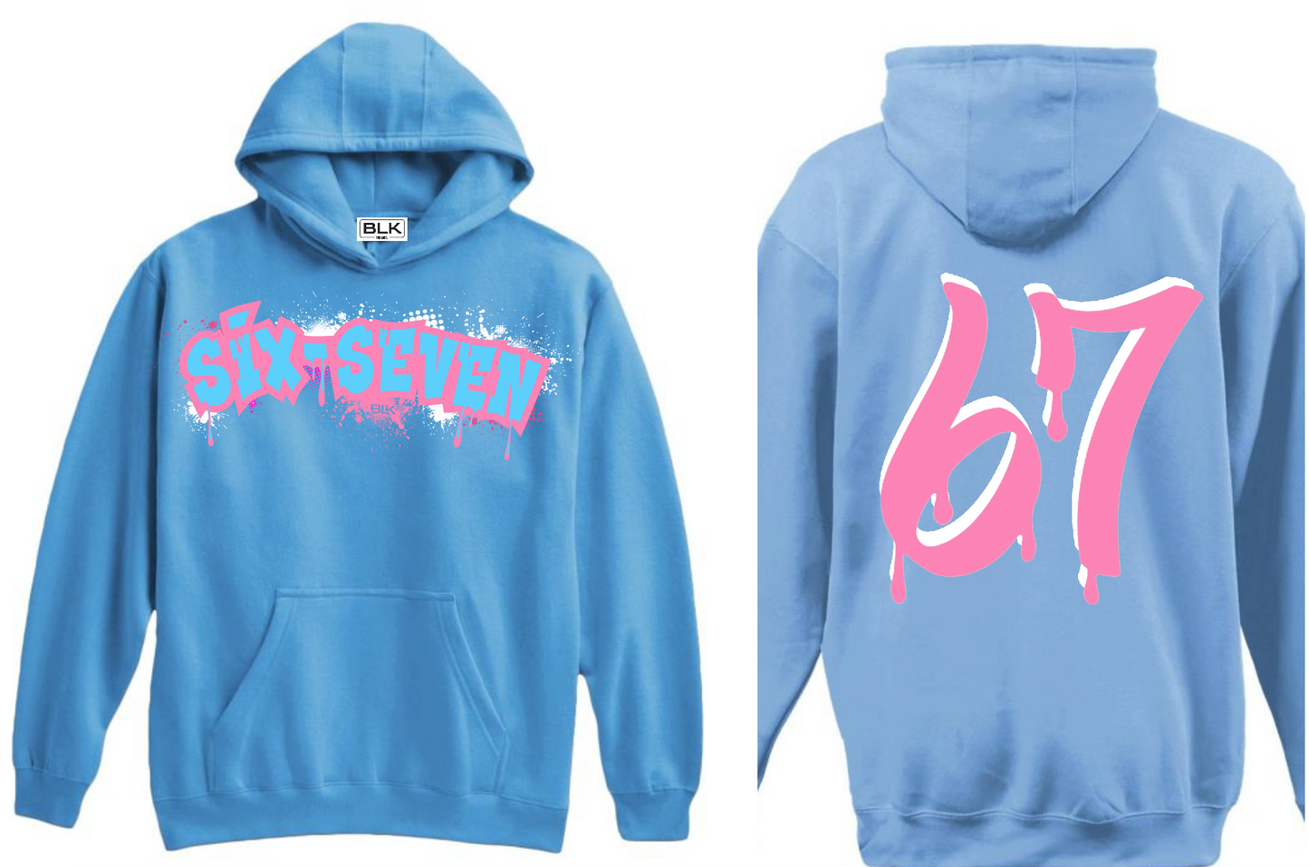 BLK the Label SIX-SEVEN Drip Hoodie in Vibrant Blue with Pink Graffiti Logo for Trendy 67 Comfort