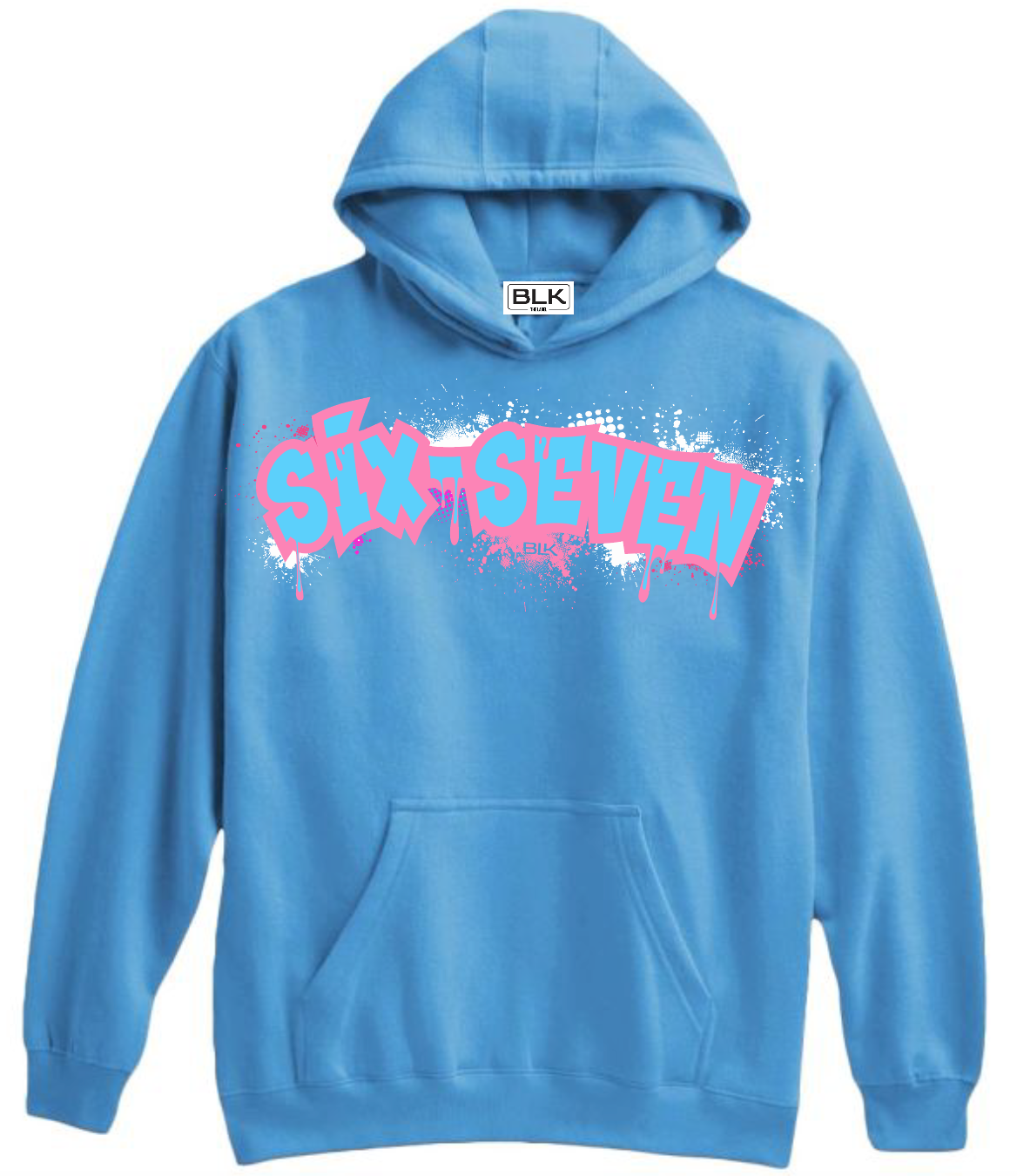 BLK the Label SIX-SEVEN Drip Hoodie in Vibrant Blue with Pink Graffiti Logo for Trendy 67 Comfort