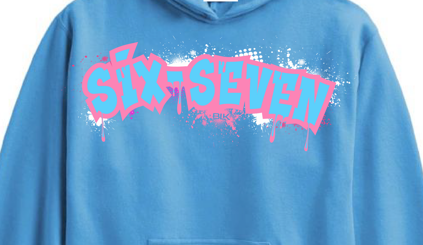 BLK the Label SIX-SEVEN Drip Hoodie in Vibrant Blue with Pink Graffiti Logo for Trendy 67 Comfort