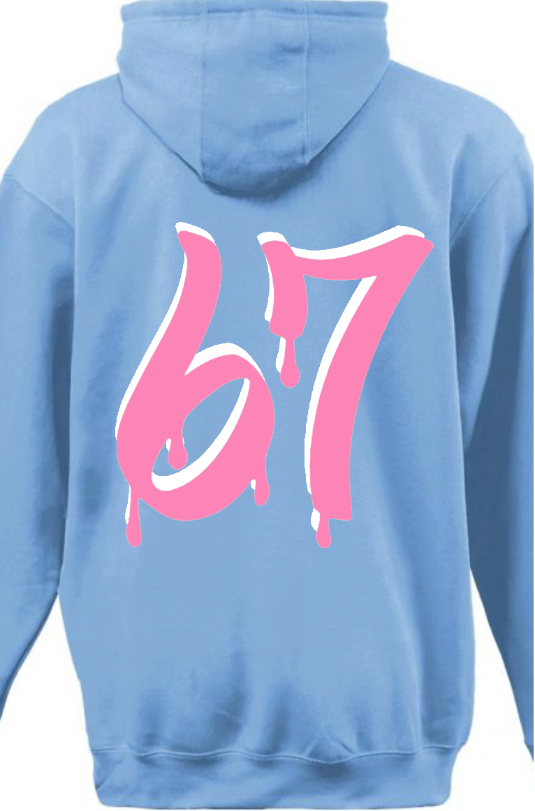 BLK the Label SIX-SEVEN Drip Hoodie in Vibrant Blue with Pink Graffiti Logo for Trendy 67 Comfort