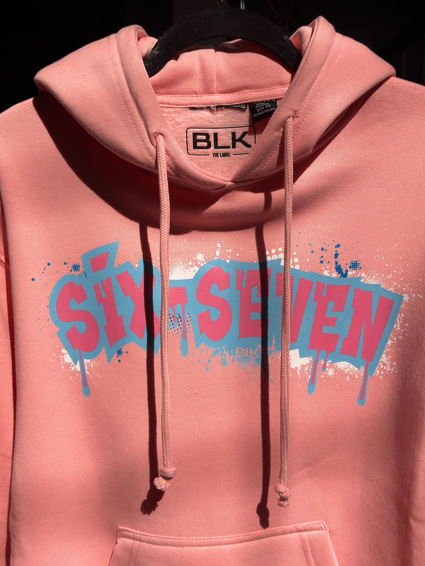 BLK the Label SIX-SEVEN Drip Hoodie in Vibrant Blue with Pink Graffiti Logo for Trendy 67 Comfort