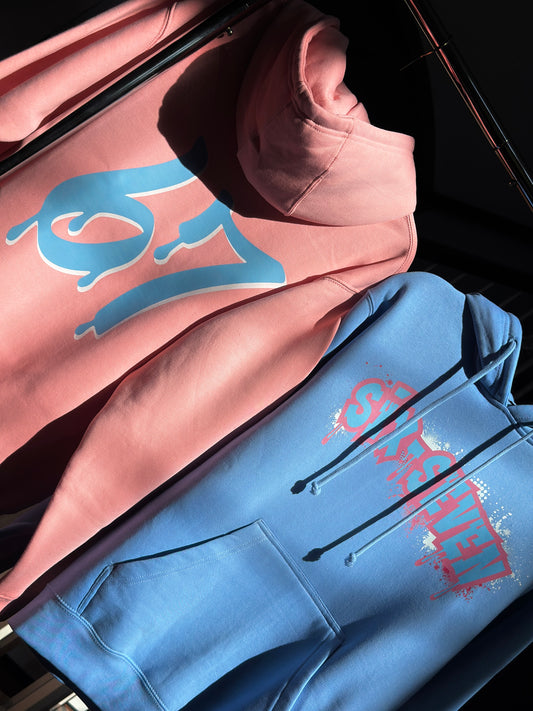 BLK the Label SIX-SEVEN Drip Hoodie in Vibrant Blue with Pink Graffiti Logo for Trendy 67 Comfort