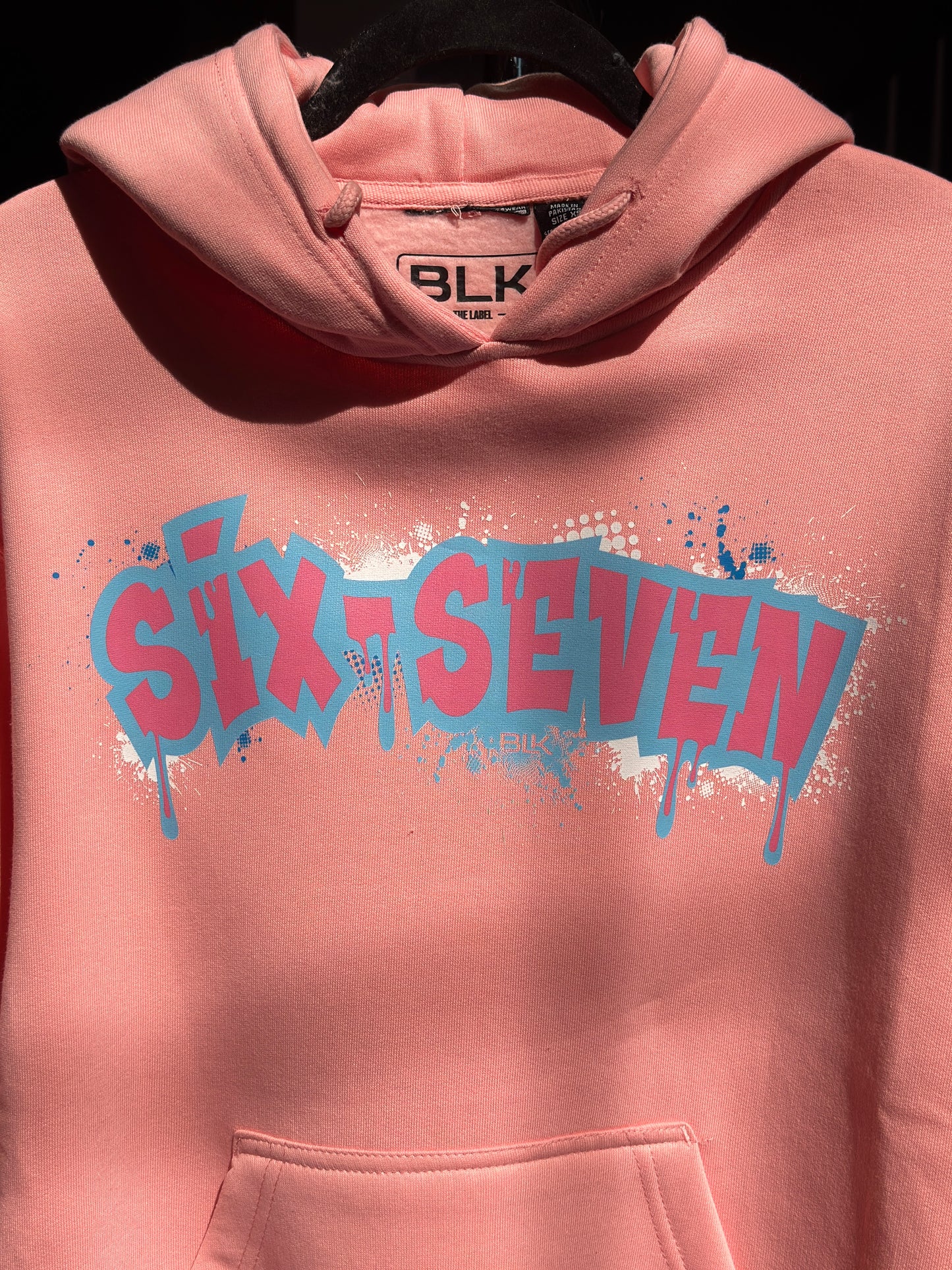 BLK the Label SIX-SEVEN Drip Hoodie in Vibrant Blue with Pink Graffiti Logo for Trendy 67 Comfort