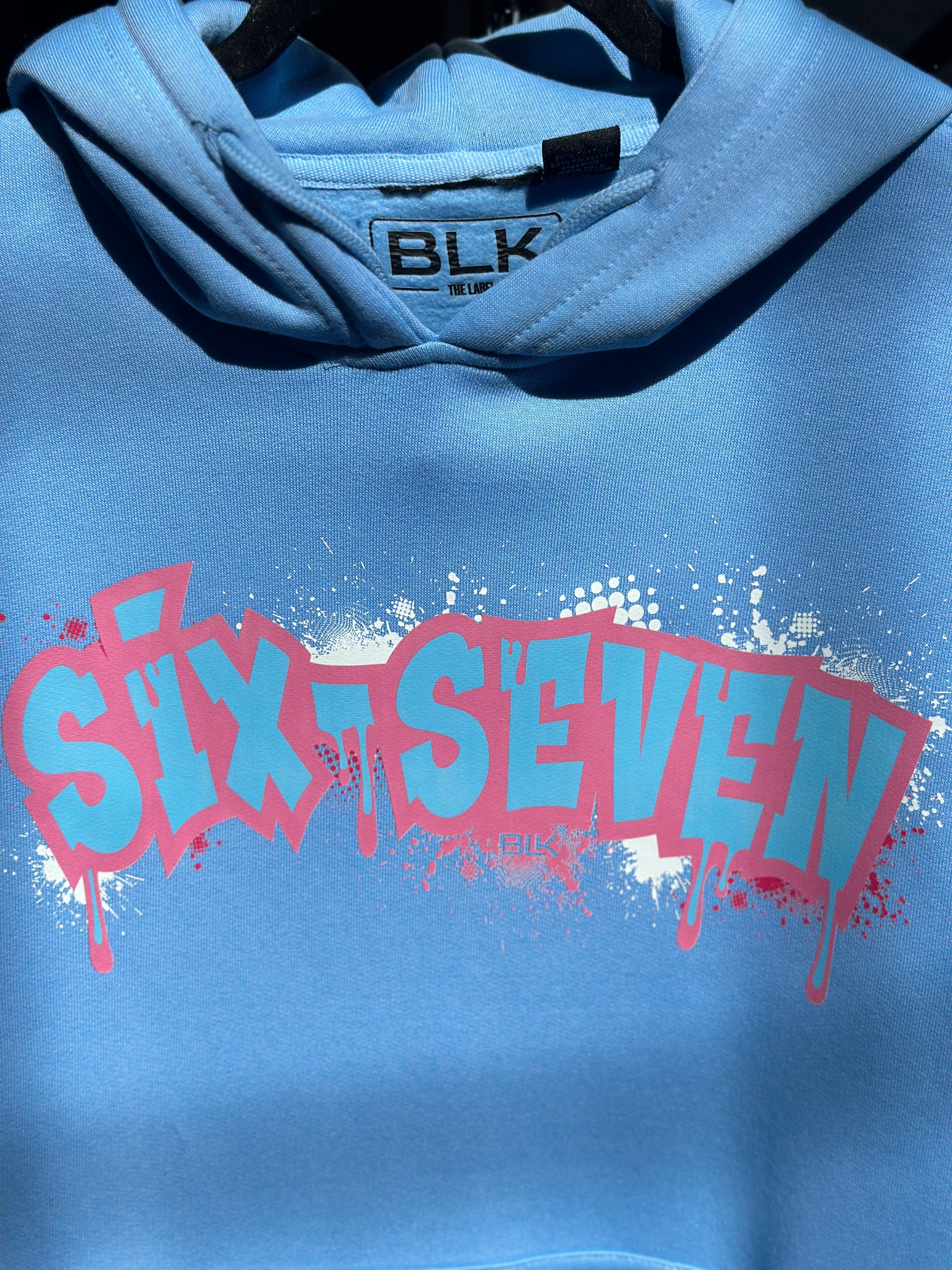 BLK the Label SIX-SEVEN Drip Hoodie in Vibrant Blue with Pink Graffiti