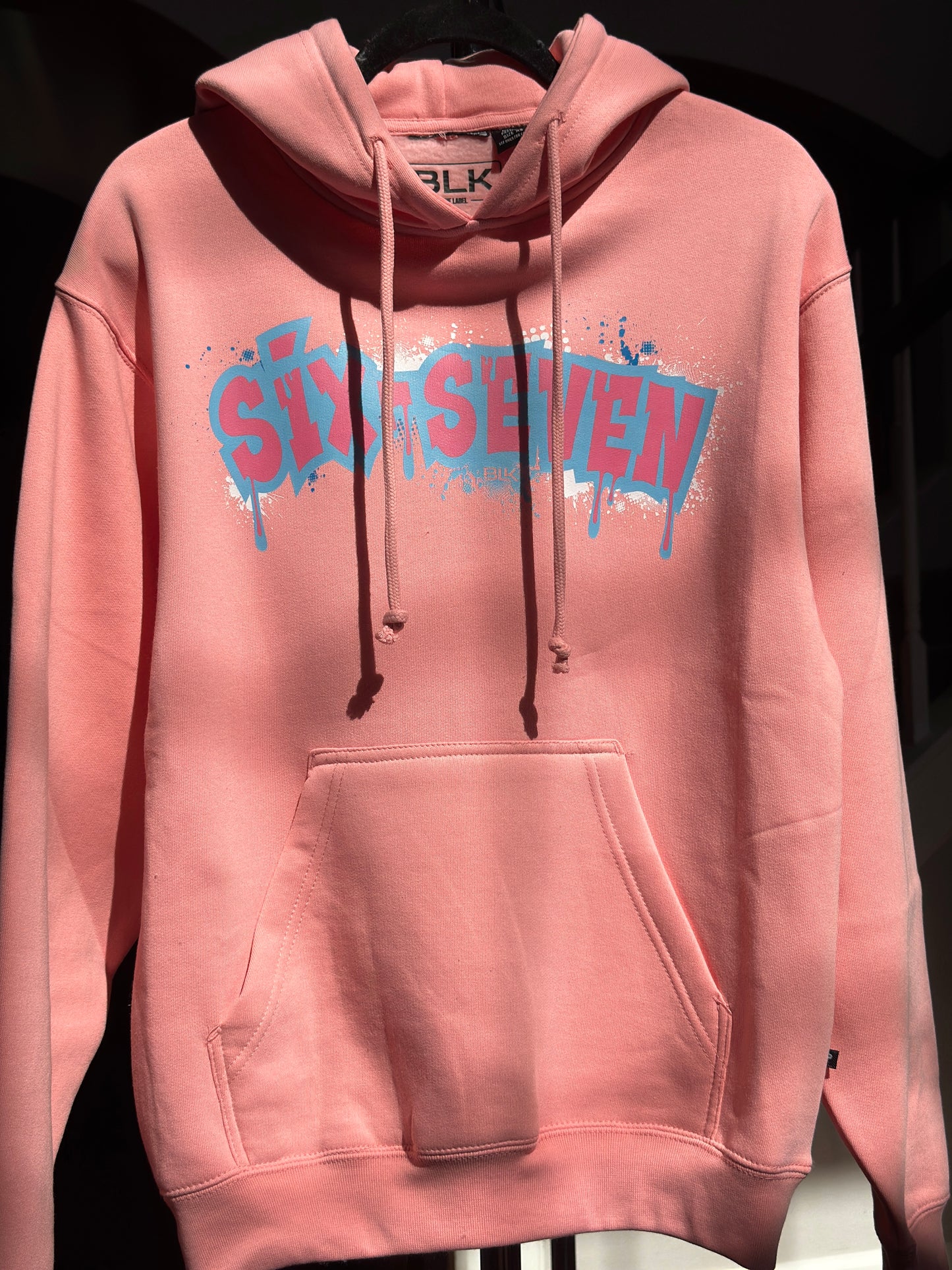 BLK the Label SIX-SEVEN Drip Hoodie in Vibrant Blue with Pink Graffiti Logo for Trendy 67 Comfort