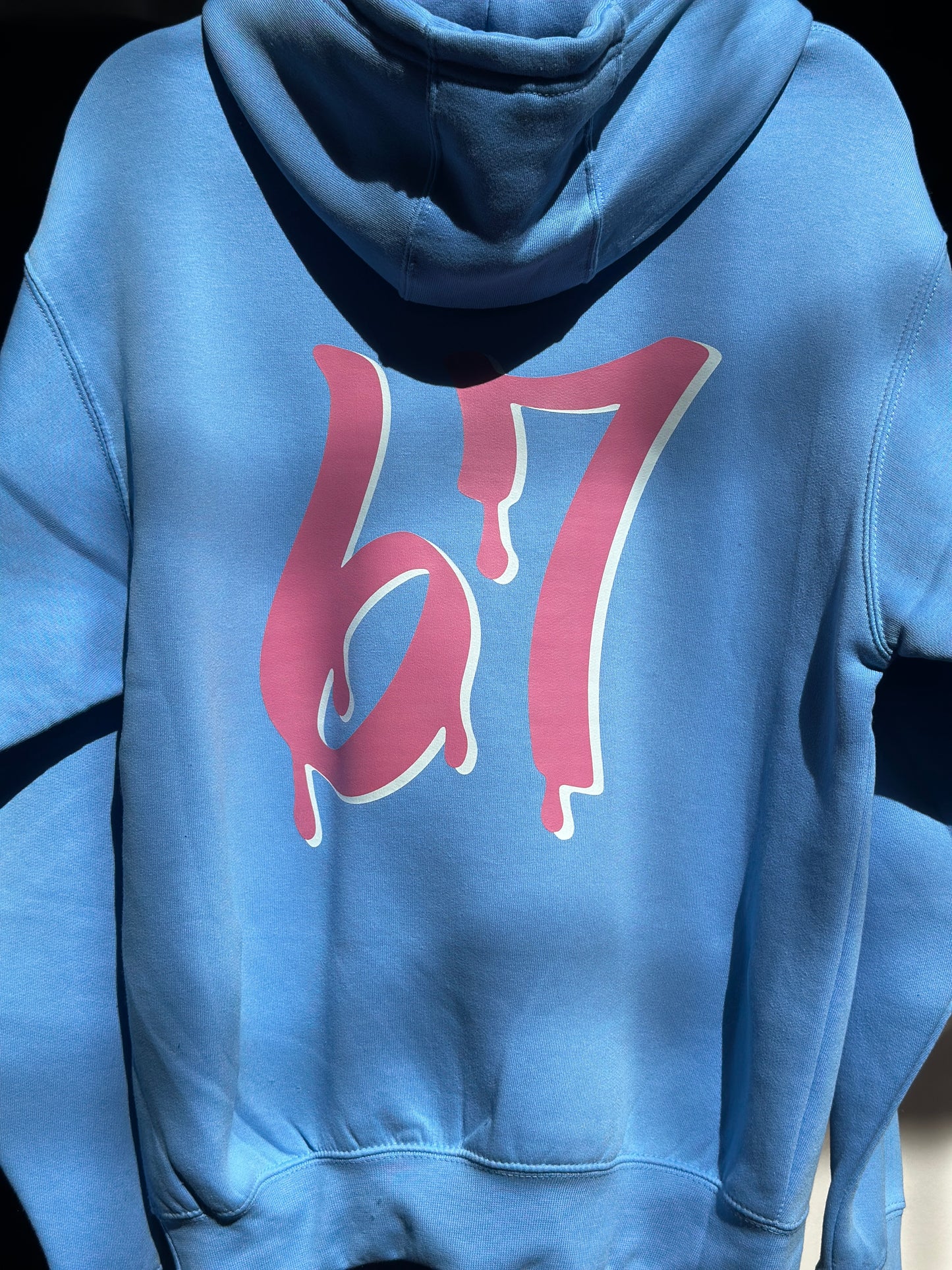 BLK the Label SIX-SEVEN Drip Hoodie in Vibrant Blue with Pink Graffiti Logo for Trendy 67 Comfort
