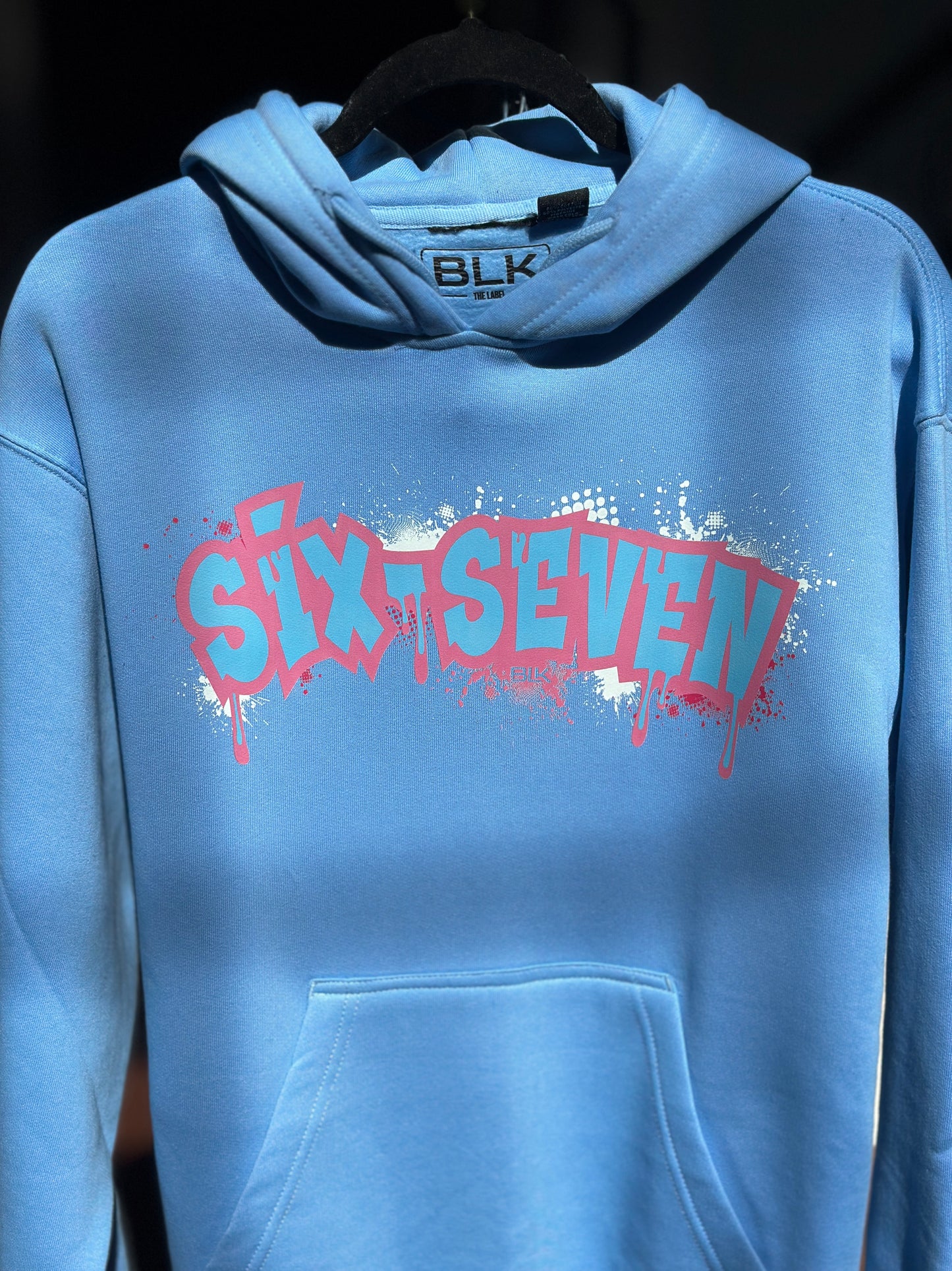 BLK the Label SIX-SEVEN Drip Hoodie in Vibrant Blue with Pink Graffiti Logo for Trendy 67 Comfort