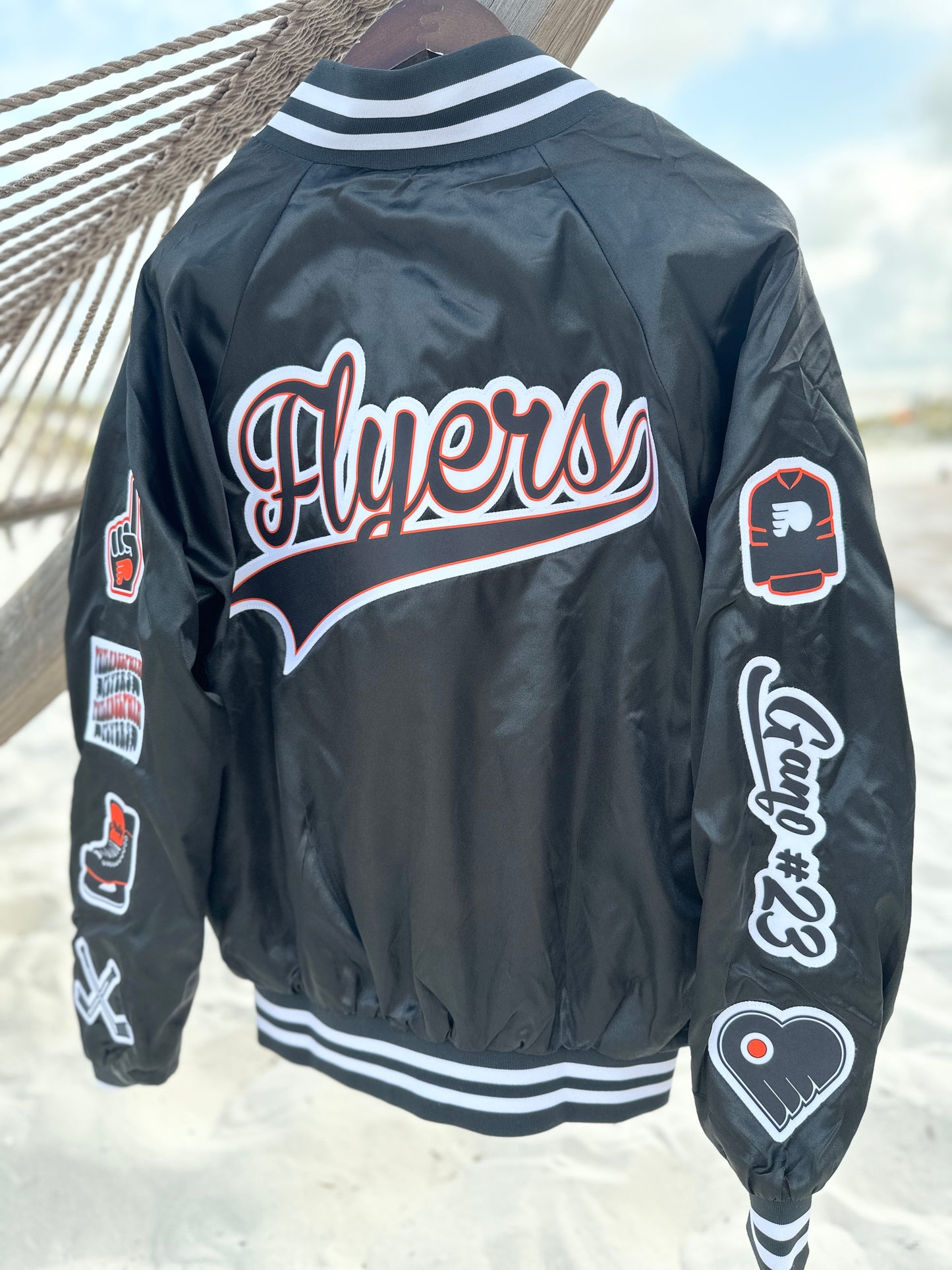 CUSTOM SPORTS SATIN BOMBER / STRIPED TRIM JACKET - SEWN