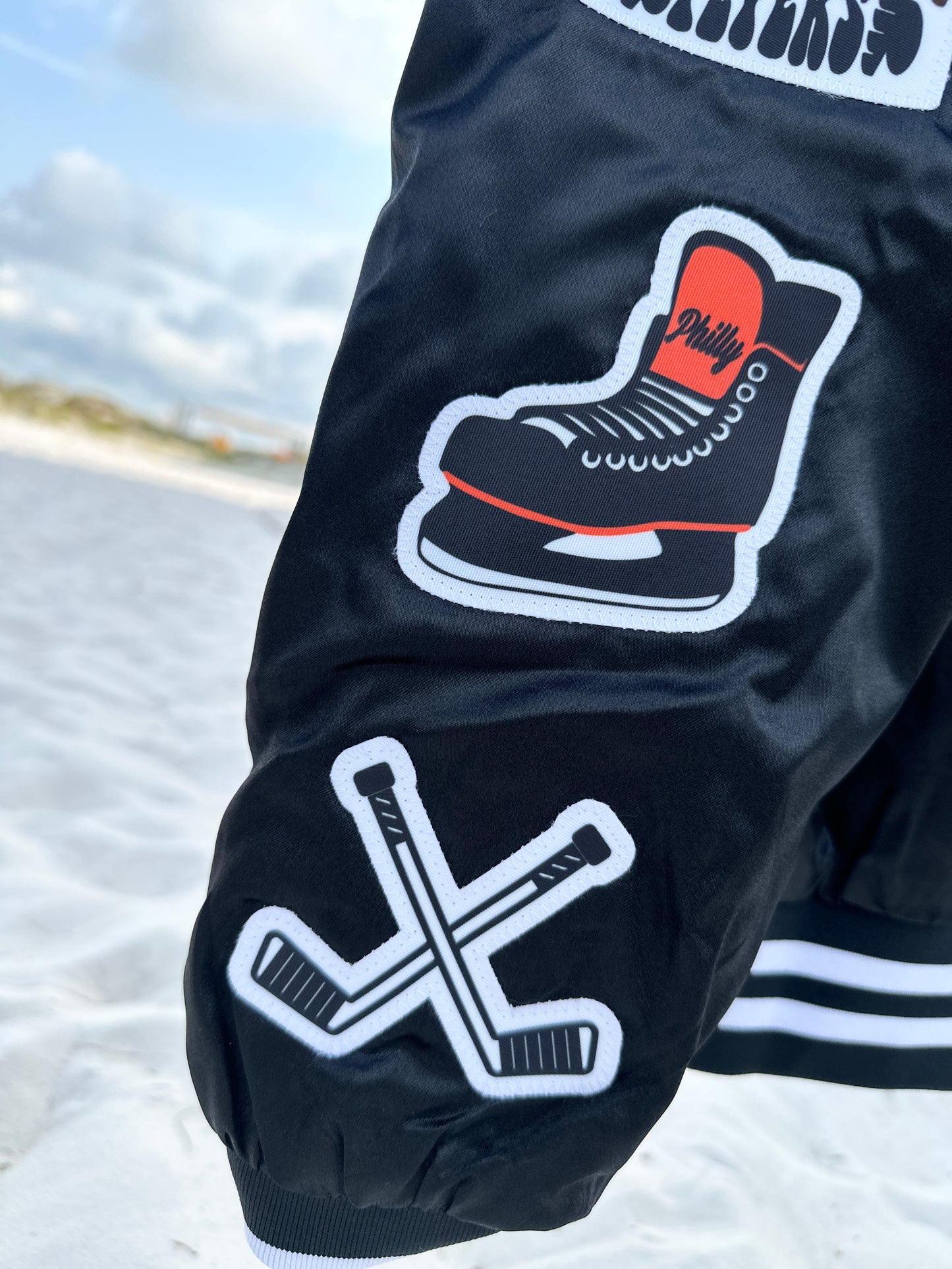 CUSTOM SPORTS SATIN BOMBER / STRIPED TRIM JACKET - SEWN