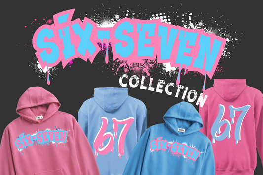 BLK the Label SIX-SEVEN Drip Hoodie in Vibrant Blue with Pink Graffiti Logo for Trendy 67 Comfort